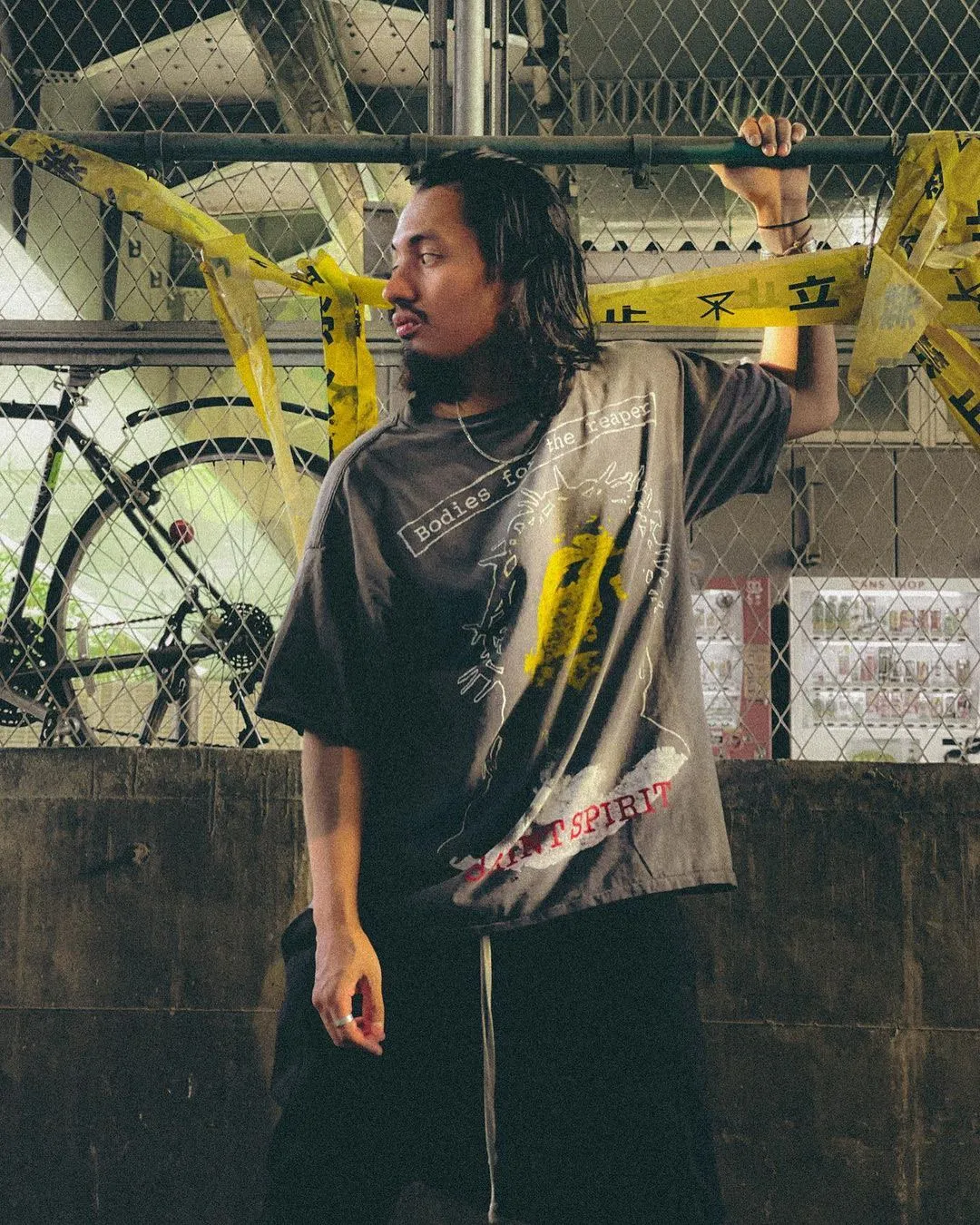 SAINT MICHAEL SS TEE/B FOR REAPER Jesus Hell's Angels Washed and Distressed Short Sleeves Washed Black S-XL Garment Dyed Printed Washed and Distressed